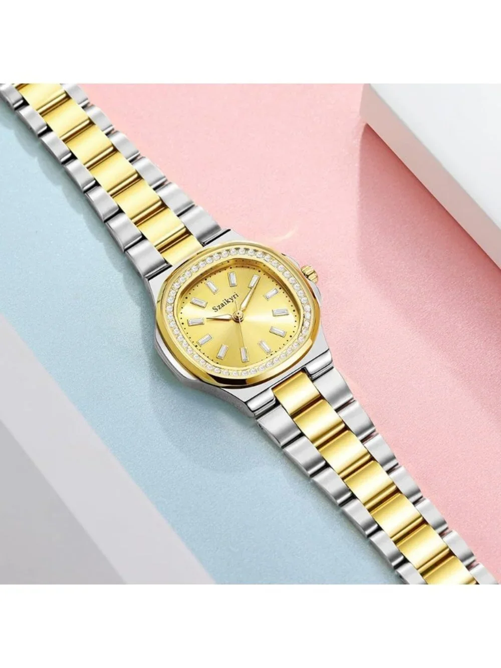 Women's Silver Gold Crystal Accented Solid Stainless Steel Band Wrist Watch